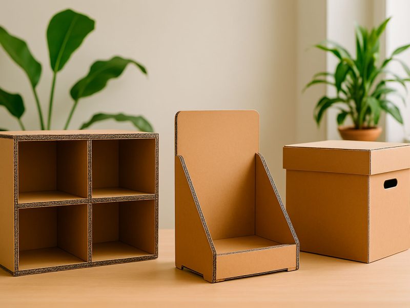 Una pequeña estantería, un expositor y una caja con tapa fabricados en cartón encima de una mesa