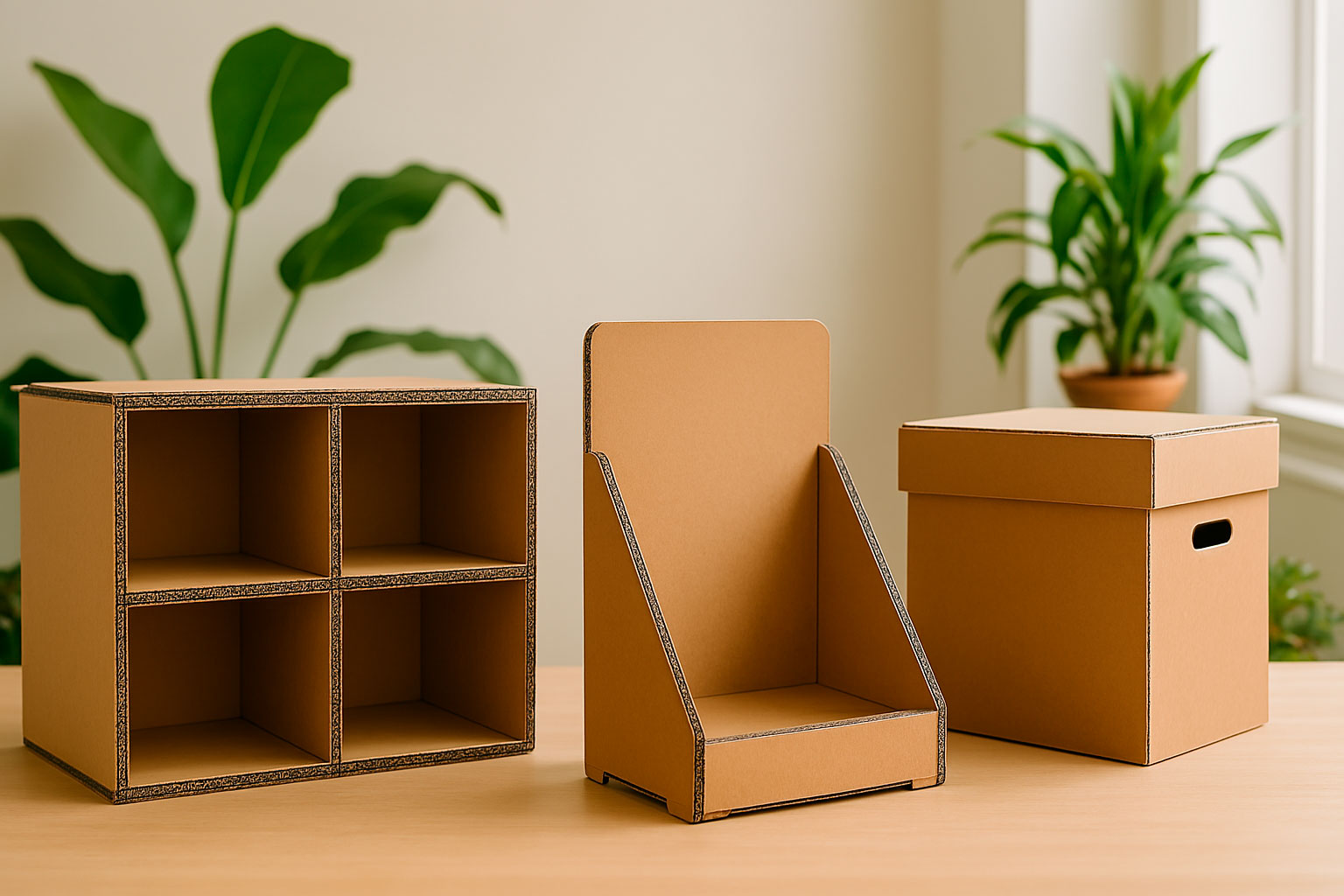 Una pequeña estantería, un expositor y una caja con tapa fabricados en cartón encima de una mesa