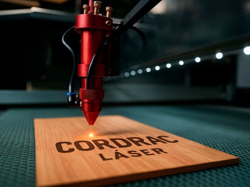Plancha de madera en una máquina de corte y marcado láser, con un láser marcando el texto "Cordrac Láser".