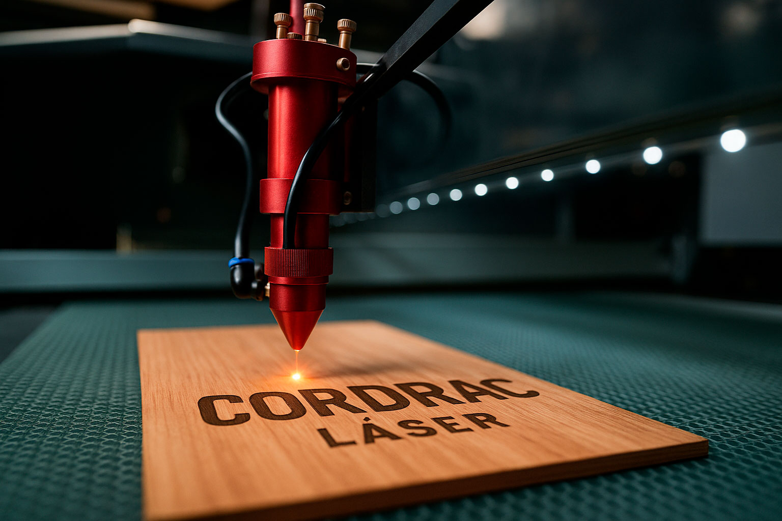 Plancha de madera en una máquina de corte y marcado láser, con un láser marcando el texto "Cordrac Láser".