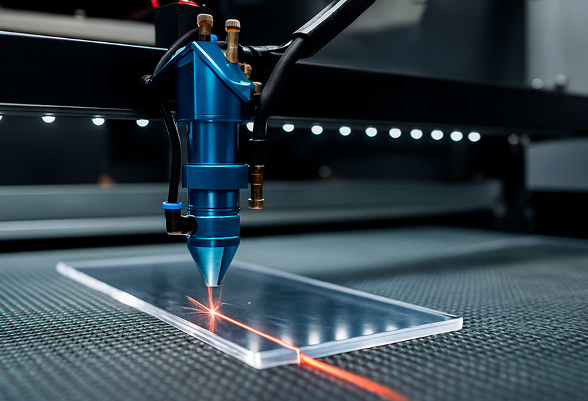Primer plano del láser de una máquina de corte, cortando una pieza de metracrilato.