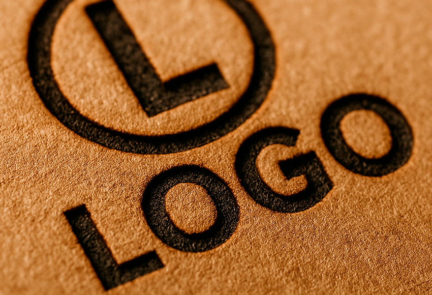 Primer plano de un grabado láser con la palabra logo