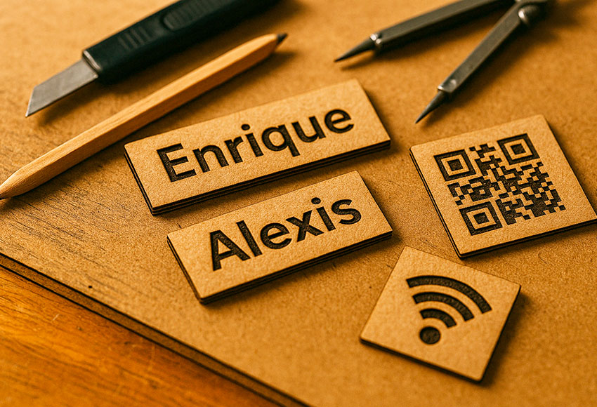 Varias piezas de cartón pequeñas con grabados láser como nombres, código QR o icono wifi