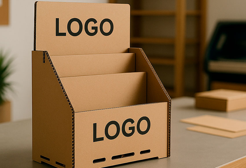 Un expositor para revistas o folletos fabricado en cargón sobre una mesa