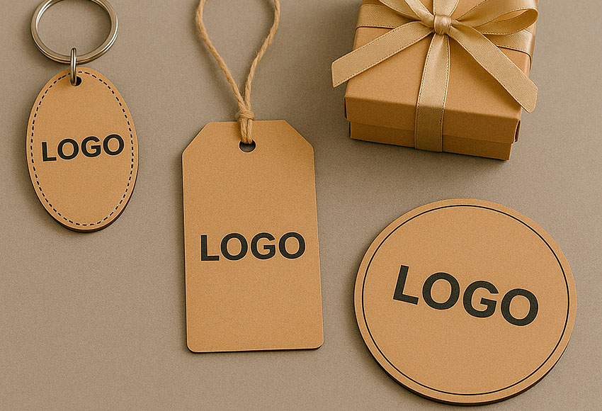 Varias piezas de ejemplo de grabado láser con la palabra Logo: un llavero, una etiqueta, un posavasos