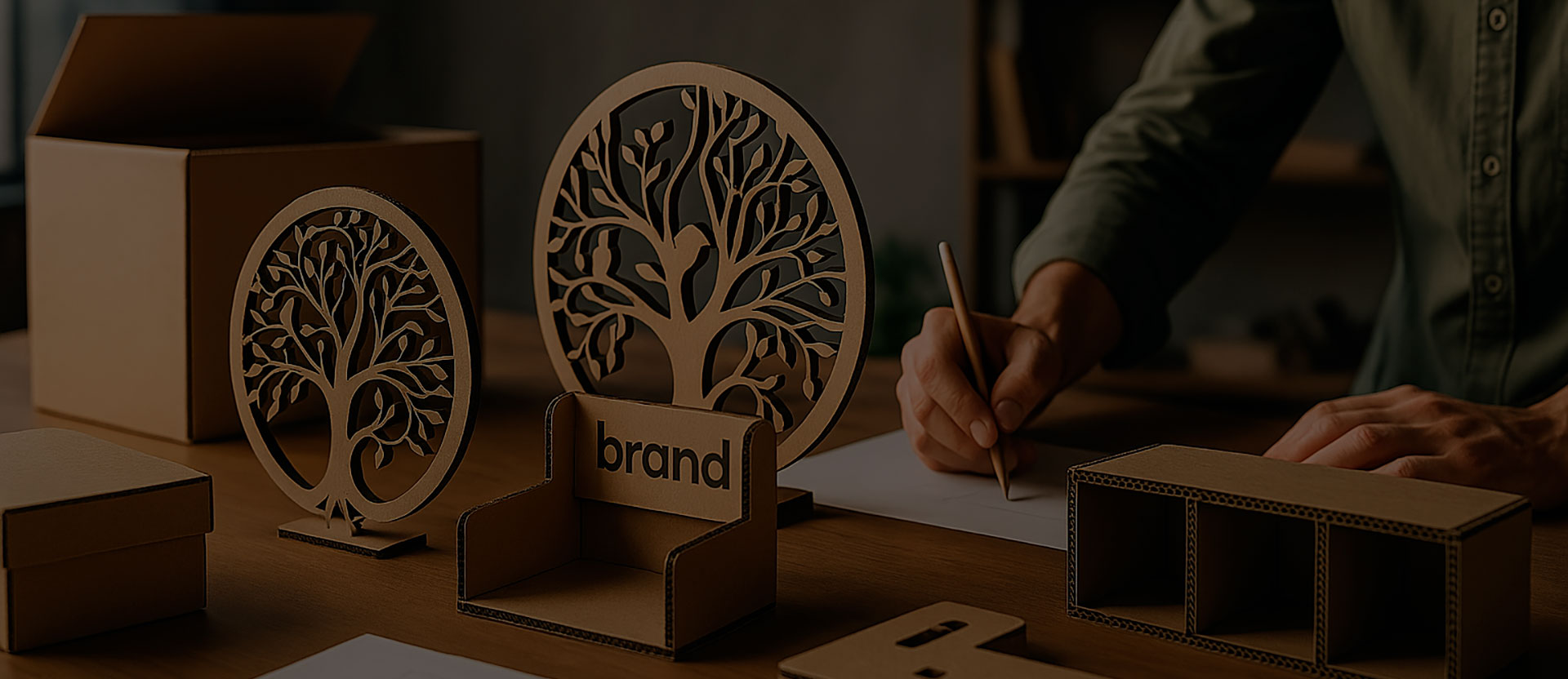 Varias piezas de cartón fabricadas con corte láser sobre una mesa... Una figura de un árbol, una pequeña estantería y un pequeño expositor.