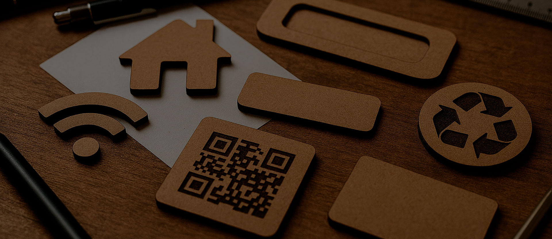 Varias piezas de cartón pequeñas con grabados láser como nombres, código QR o icono wifi